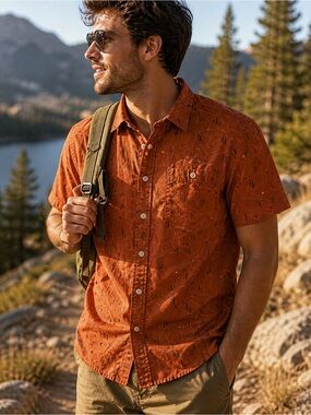 Jack + Sage Trail Print Button Down Shirt Small Rust Orange Outdoors Camp Hiking